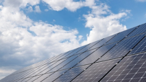 close-up view of solar panels on a background of blue sky